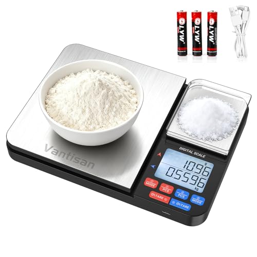 Vantisan Báscula digital de doble plataforma para cocina y alimentos,Báscula para Alimentos 0.3 g/5 kg y 0,03 g/500 g,Utilizable con Carga USB y Batería (incluida),acero inoxidable