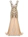 FAIRY COUPLE Women 's V Back 1920s Sequin Beaded Gatsby Maxi Long Speakeasy Masquerade Dresses XL Gold Champagne