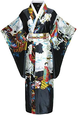 Women's Silk Japanese Geisha Kimono Robe Sleepwear Dressing Gown - Black/Blossom
