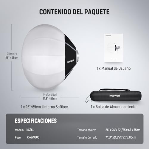 NEEWER 26"/65cm Softbox Linterna, 360° Difusor de Luz Liberación Rápida, Montura Bowens, Aleación Nailon Ligera para Iluminación Vídeo LED Continua RGB CB60, CB60B, CB200B, MS60B, MS60C, MS150B, NS26L
