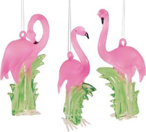 Gallery II C&F Set of 3 Assorted Glass Flamingo Hanging Ornaments Pink and Green 4.5 inch Pink