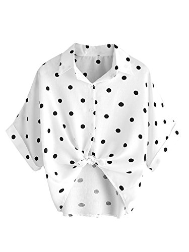 MakeMeChic Women's Collar Button Down Shirt Summer Knot Front Blouse Polka Dot M