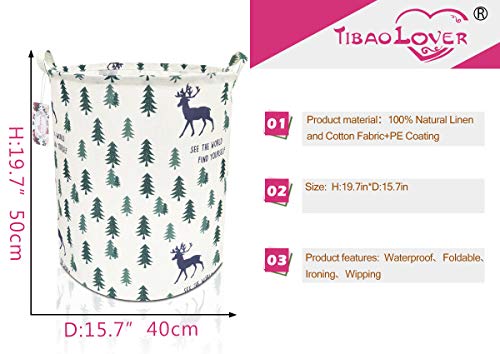 TIBAOLOVER 19.7" Large Sized Waterproof Foldable Canvas Laundry Hamper Bucket with Handles for Storage Bin,Kids Room,Home Organizer,Nursery Storage,Baby Hamper(Pine Trees and Deers)