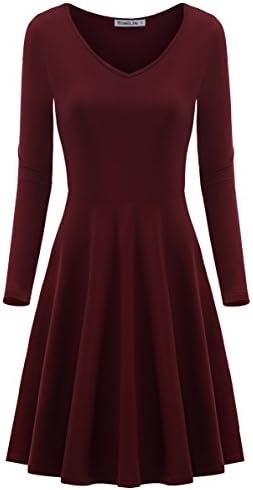 Yomilin Women's Long Sleeve V Neck Casual Flared Midi Dress Wine Red M