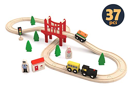 Tiny Land Wooden Train Set for Toddler - 39 Pcs- with Wooden Tracks fits Thomas, fits Brio, fits Chuggington, fits Melissa and Doug - Expandable, Changeable-Train Toy for 3 4 5 Years Old Girls & Boys