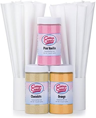 Cotton Candy Express Fun Pack | Kit Features Chocolate, Pink Vanilla &amp; Orange Floss Sugars (11 oz Each) &amp; 50 Paper Cones | Best Cotton Candy Maker Supplies | For Home or Commercial Use