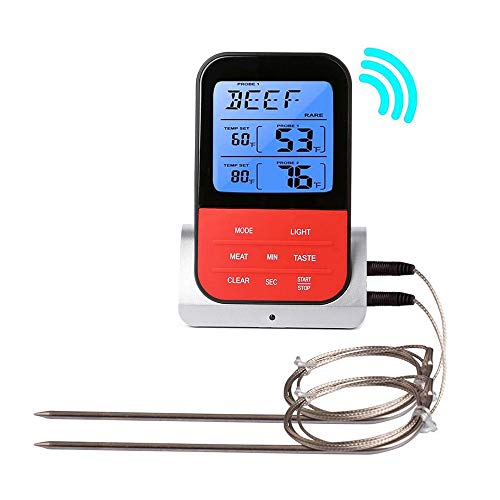 AOCOBOOK Meat Thermometer for Grilling BBQ Thermometer Wireless with Dual Probe,Timing Function and Instant Read for Kitchen Cooking and Smoker Grill Oven,Red