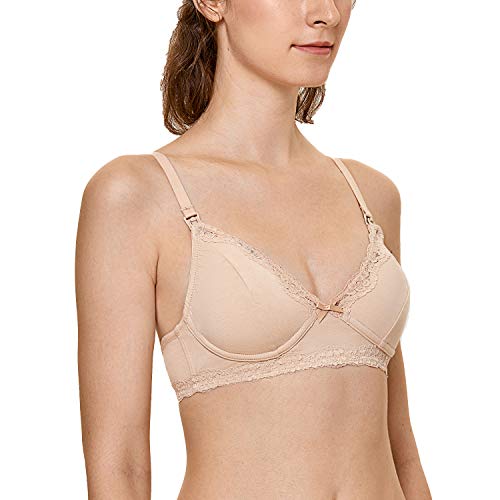 MOMANDA Women's Lace Trim Wire Free Cotton Soft Cup Maternity Nursing Bra Beige 36C