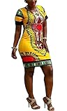 Women Traditional African Print Dashiki Bodycon Plus Size Short Sleeve Dress Yellow X-Large