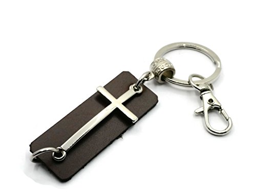 BrownBeans, Leather Tag Christian Cross Keychain Key Chain Keyring Fob Holder with Small Clip (BBKC2017) (Brown-Silver)