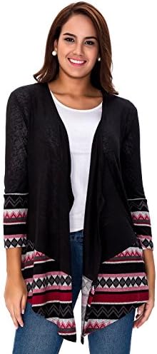 Lasvane Women’s Tribal Geometric Long Sleeve Open Front Drape Knitted Cardigan L