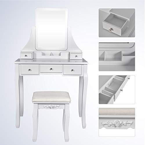 Vanity Table Set Square Mirror with 4 Removable Dividers, Dressing Table Vanity Makeup Table Cushioned Stool & 5 Drawers for Bedroom/Women/Gift (Square Mirror, White)