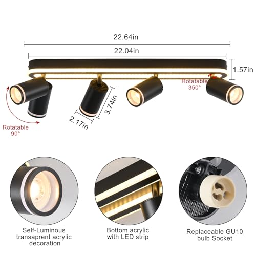 MYCUL Tech 4 Flames 350° Swivel, Ceiling Spotlight with Lower Glow 36W+4x5W Spotlights GU10,3000K Warm White Indoor LED Spotlights, Modern Ceiling Lamp, Spotlight for Kitchen, Living Room Black