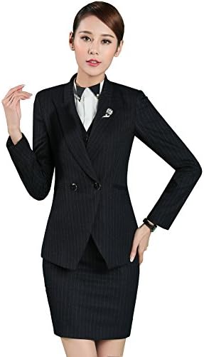 Vocni Women's Business OL Work Slim Fit Pinstripe Blazer Jacket Skirt Pants Suit Set black(Blazer+Skirt) US S-Label L