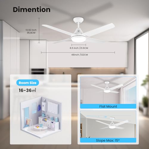 Newday 48" White Ceiling Fan with Light and Remote Control, Ceiling Fan with 4 Blade, Step-less Dimmer, 7 Speed Mode, Timer, Reversible Silent DC Motor for Living Room