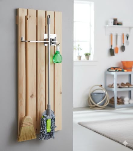 Kit com 2 Suportes de Parede Inox para Vassouras e Rodos e Gancho | Fixação Sem Furos, Organização Forte e Durável, Suporta 5Kg, Multiuso