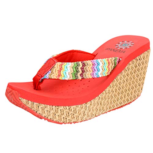 WENSY Women's Fashion High-Heeled Slippers Non-Slip Platform Platform Beach Treads Wedges Sandals and Slippers(Red,37)