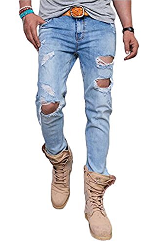 Men's Skinny Distressed Ripped Jeans Fashion Destroyed Denim Pants