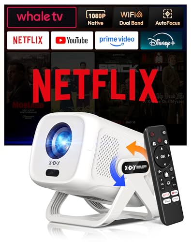 Xgody N5 Video Projector – 1080P Mini Video Projector Compatible with Netflix, Autofocus & Auto Keystone Correction, WiFi6 Bluetooth5.4, 4K Portable Overhead Projector, 135° Rotation Home Theater