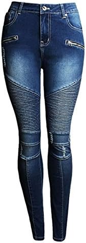 Women High Waisted Dark Blue Casual Stretch Skinny Pleated Fashion Punk Motorcycle Patchwork Vintage Jeans