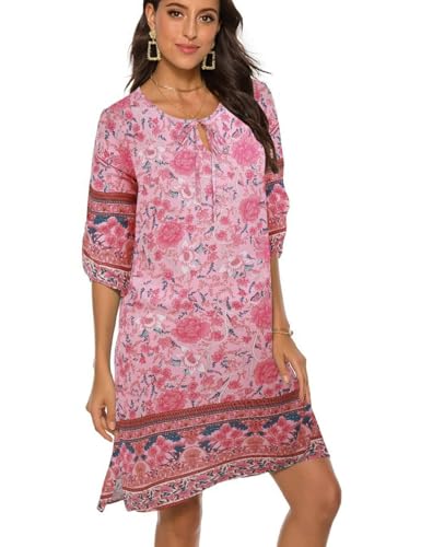 BDTECAOR Women's Vintage Ethnic Style Floral Pattern Bohemian Tunic Dress V-Neck 3/4 Sleeve Beach Dresses Summer Dresses