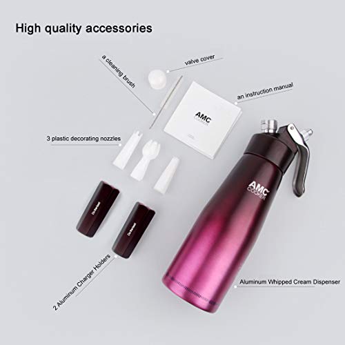 Professional Cream Whipper Maker,Aluminum Whipped Cream Dispenser & 2 Charger Holders with 3 Decorating Nnozzles leak proof - use 8 Gram N2O Cream Chargers,1 Pint,Pink, 500ml(Not Included)