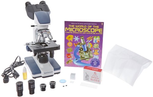 AmScope 40X-2500X LED Lab Binocular Compound Microscope with Double Layer Mechanical Stage + Book + 100 Coverslips & 50 Blank Slides