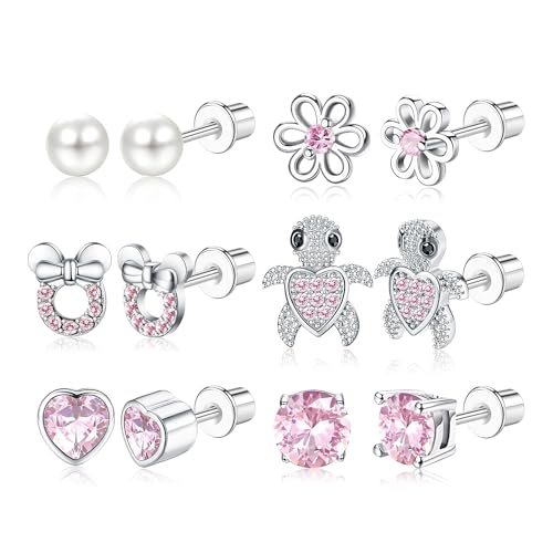 CASSIECA Hypoallergenic Earrings for Girls Women Stainless Steel CZ Heart Screw Back Stud Earrings for Kids Jewelry Gift 20G