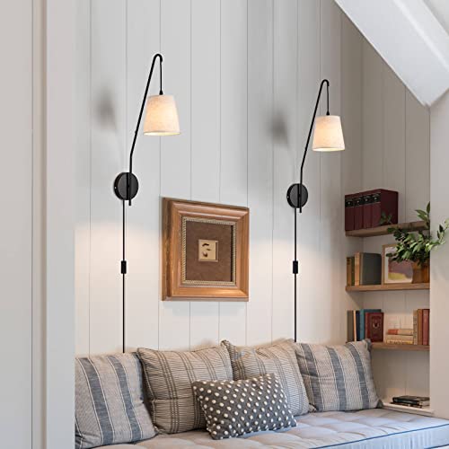 Plug in Wall Sconces Set of Two, Wall Lamps for Bedrooms Set of 2, Black Farmhouse Wall Mounted Lights for Bedside, Living Room, Rustic Sconces Wall Lighting Fixtures with 59inch On/Off Switch Cord