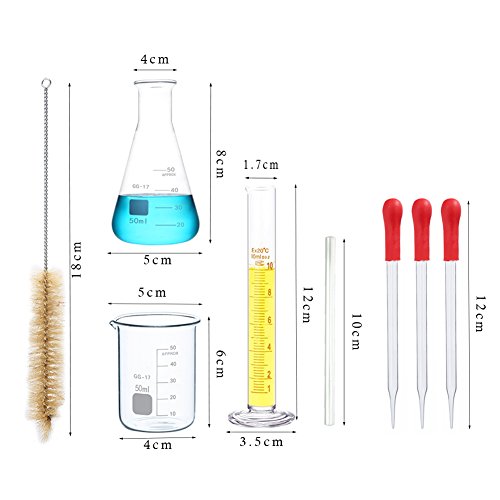50ml Beaker 50ml Flask and 10ml Cylinder Small Glass Measuring Set with 3 X 10CM Dropper, 1 X 10CM Stir Bar and 1 X Cylinder Brush Pack of 8 with Gifts Avalible