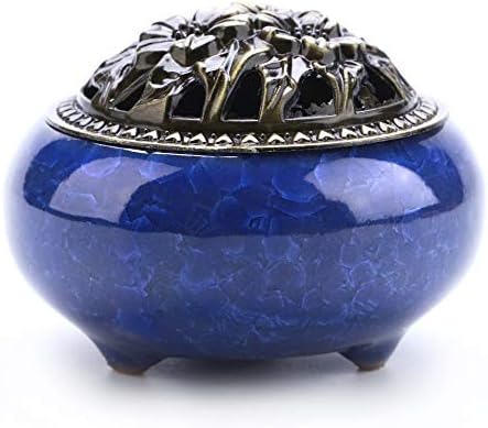 Censer Incense Burner with Calabash Incense Stick Holder - Porcelain Charcoal Censer for Use with Resin Granular Powder Cone or Coil Incense (Deep Sea Blue)