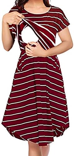Larenba Womens Long Sleeve Stripe Maternity Nursing Dress for Breastfeeding