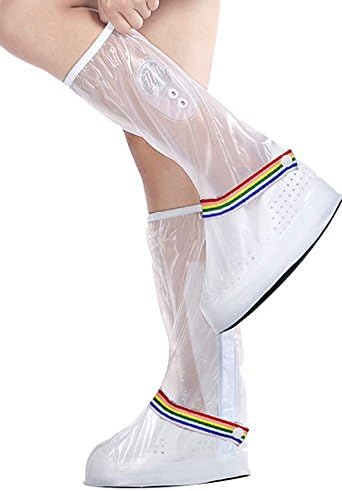 Misula Waterproof Non Slip Anti Abrasion Adjusting Tightness Foldable Motorcycle Cycling Men Women Thick High Boot Rain Shoes Cover Gaiter Overshoes with Side Zippered for Outdoor Use (White, L Size)