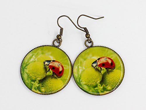 E27 Unique Exclusive High Fashion Bright Yellow Green Flower Red Ladybug Photo Print Epoxy Resine Earrings Handmade Jewelry Summer Gift for women Pattern design dangle casual earrings