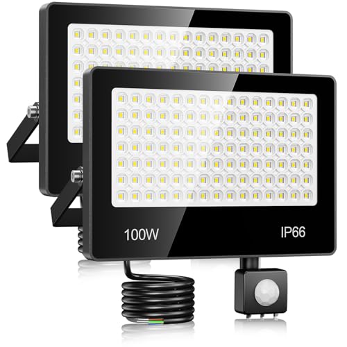 LAMLAMCK LED Spotlight with Motion Sensor 100W – 2 Pieces 10000LM 6500K White Outdoor LED Spotlights with Motion Sensor, IP66 Waterproof Outdoor Projector for Patio, Garden, Walkway, Garage
