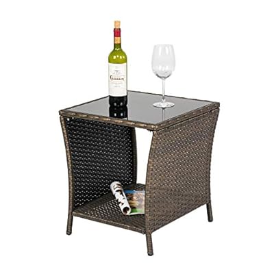 Kinsuite Wicker Coffee Table Patio PE Rattan Side Table with Glass Top Outdoor Garden with Storage Shelf 41pbxTCTexL