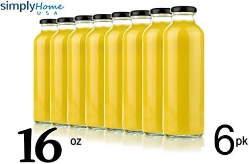 6 Pack- Glass Water Bottles with 16 oz Capacity, Kombucha, Smoothies, Juice, Reusable, Wit Lids