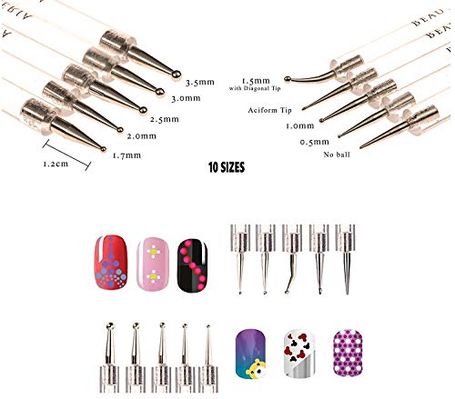 Beaute Galleria Bundle 50 Pieces Nail Art Tool Kit with Pouch - 5 Pieces Dotting Tool Marbleizing Pen (10 Sizes), 15 Pieces Acrylic Gel Detailing Painting Brushes Liners, 30 Pieces Striping Tapes