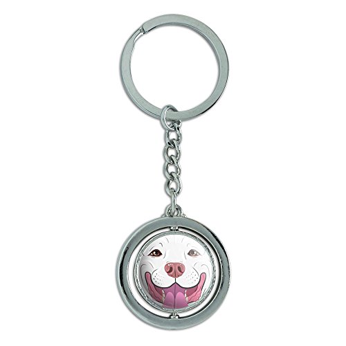 Pit Bull Face White Pet Dog Spinning Round Metal Key Chain Keychain Ring
