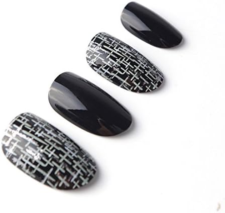 24Pcs 12 DIfferent Size French Full Cover False Nails Tips Black Transparent Lace Short Square False Nails