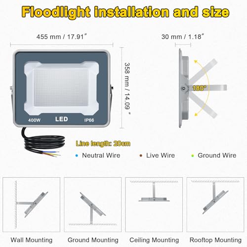 CREATESTAR Outdoor LED Spotlight 400W, Outdoor LED Spotlights 6500K 40000LM Cool White Light, IP66 Waterproof Outdoor Headlight for Sports Warehouse Garage Garden Parking Field Courtyard, 1 Pieces