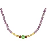 CANYEN Purple Bead Evil Eye Necklace, Amethyst Beaded Choker Necklace for Women, 14k Gold Plated Boho Healing Crystal Necklace, 4mm Beaded Gemstone Necklaces, Trendy Natural Stone Handmade Protection Jewelry Gift