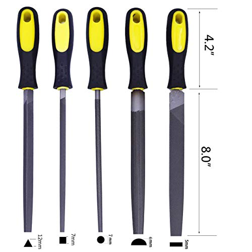 Fatmingo 8 inch High Carbon Steel Metal File Set Rubber Handles Flat Round Half Round Square Triangular Rasp Files for Metal, Woodwork, a Storage Pouch and a Cleaning Brush
