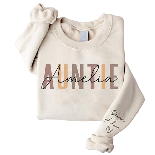 DILYPOD Personalized Auntie Name Sweatshirt, Custom Auntie with Kids Names On Sleeve, Aunt Sweatshirt, Aunt Gift, Christmas Shirt for Women, Gift for Mothers Day Womens Day Birthday