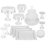 Happybuy 12 PCS White Cake Stands Set Metal Antique Cupcake Stand Pastry Trays Dessert Display Plate Birthday Party Wedding Cake Stand Holder with Crystal Pendants and Beads (12PCS, White)