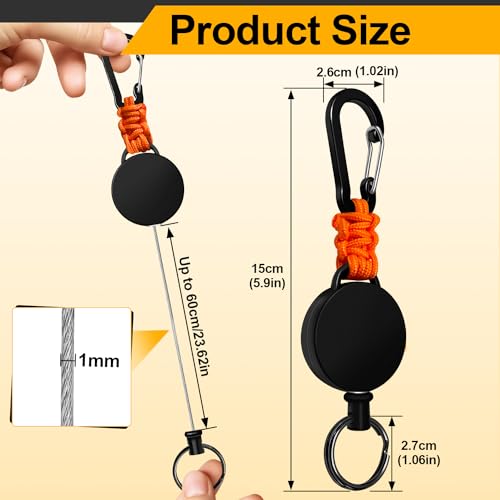 Retractable 4-Piece Key Ring, Retractable Steel Cable 60 cm, Carabiner Keychain with Paracord Clip, Reel Carabiner (Black + Beige + Blue + Orange)