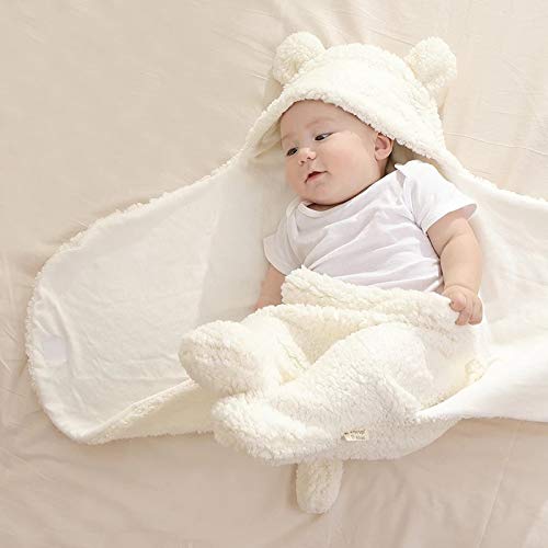 Baby Receiving Blanket, Hooded Cotton Plush Swaddle Blanket, Newborn Cute Sleeping Bag Sack Unisex Stroller Wrap for Baby Boys and Girls (White)