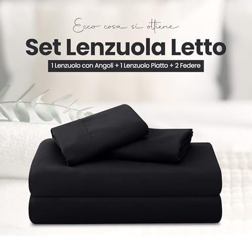 Set Lenzuola Letto 4 Pezzi, 150x200cm, Nero