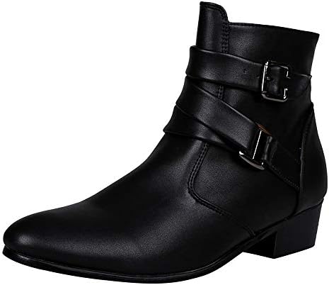 Fiaya Men's Leather Chelsea Boots Motorcycle Martin Boots Zipper Buckle Western Formal Dress Boots (Black, US:8.5)