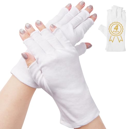 Fingerless Cotton Gloves, 4 Pairs White Cotton Gloves for Dry Hands Sleeping, One Size Fits Most, Moisturizing, Eczema Gloves